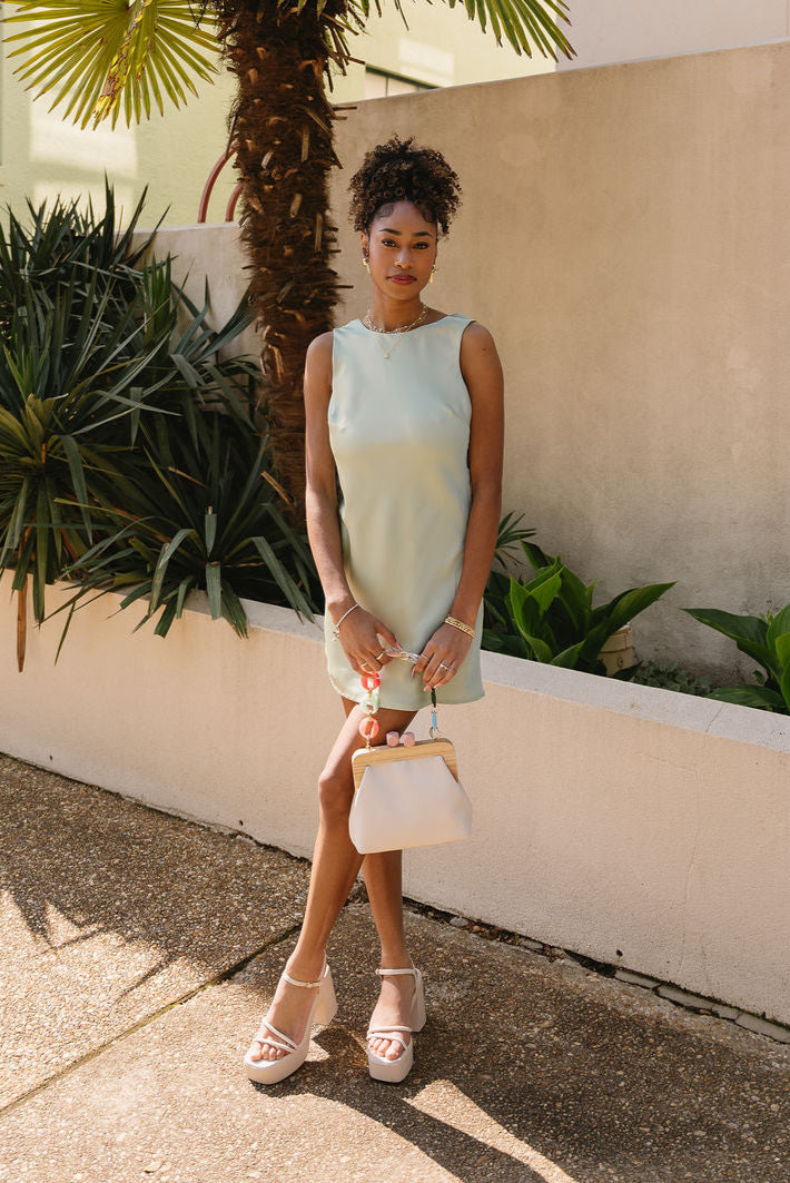 Ella Sage Green Satin Cowl Mini Dress- full body view