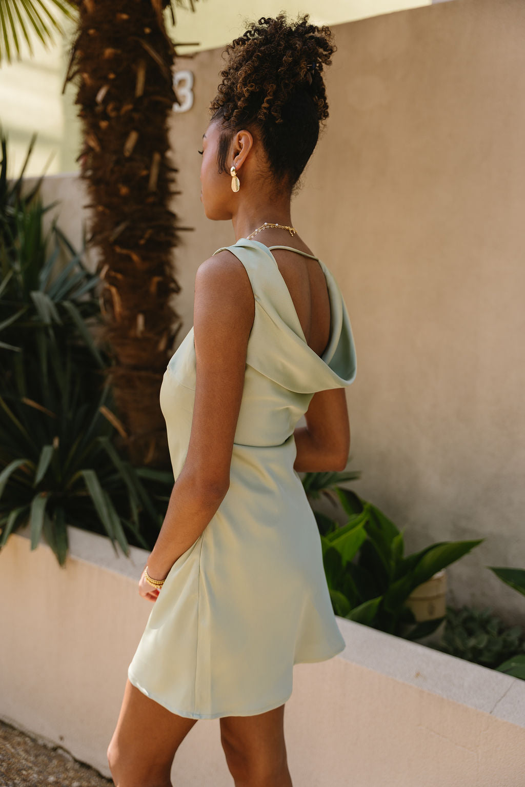 Ella Sage Green Satin Cowl Mini Dress- close up back side view
