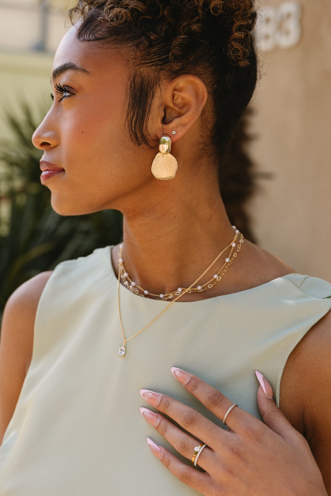 Sarah Layered Gold & Pearl Necklace - front view on model