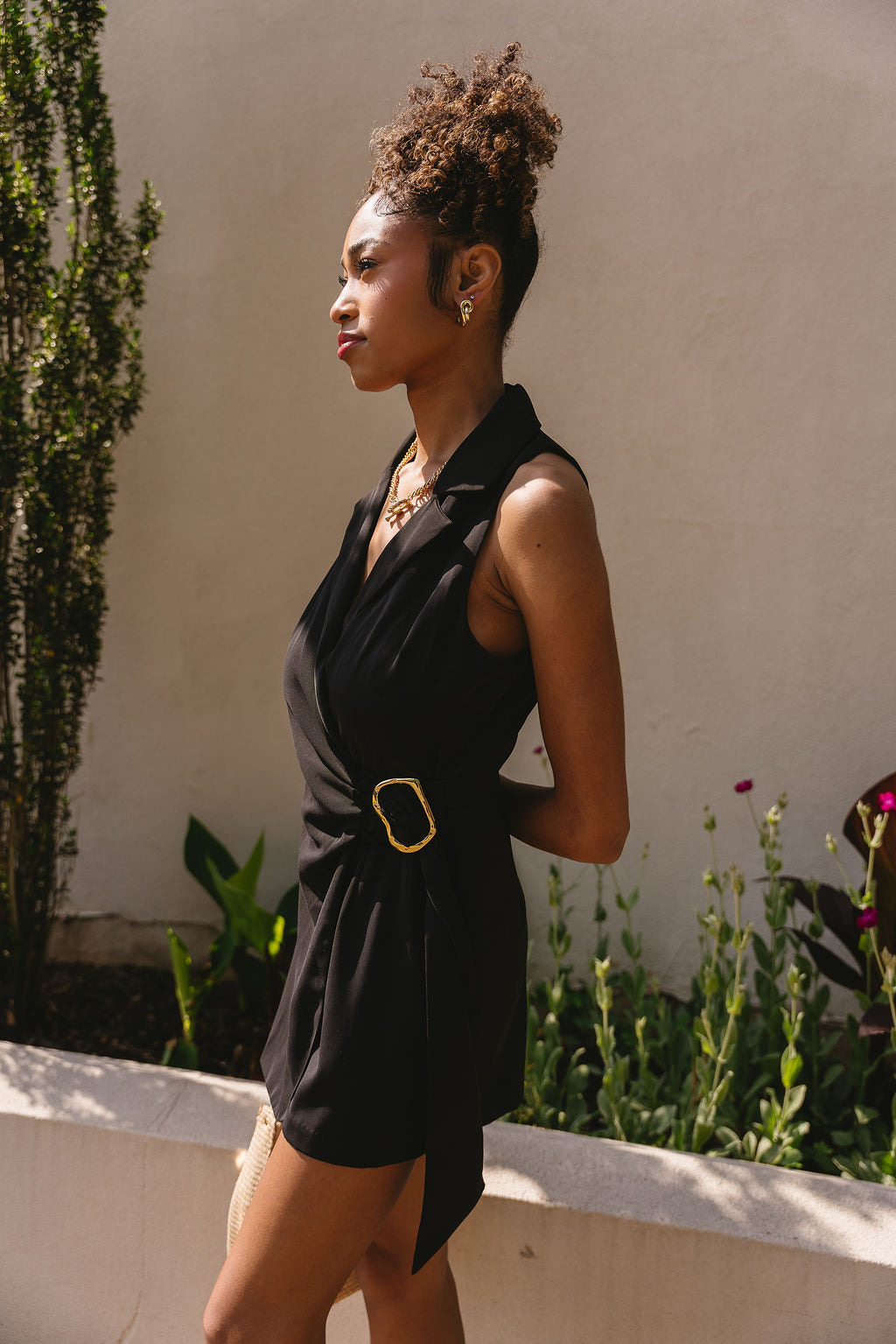 Naomi Black Halter Neckline Romper- side view
