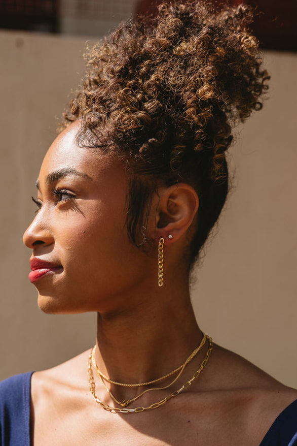 Rebecca Gold-Filled Dangle Chain Earrings - side view of earrings on model