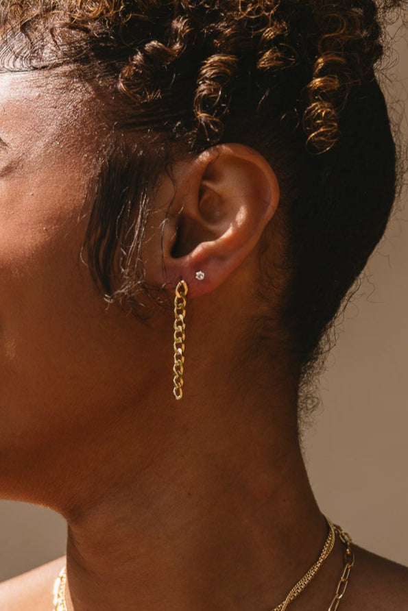 Rebecca Gold-Filled Dangle Chain Earrings - close up of earrings on model