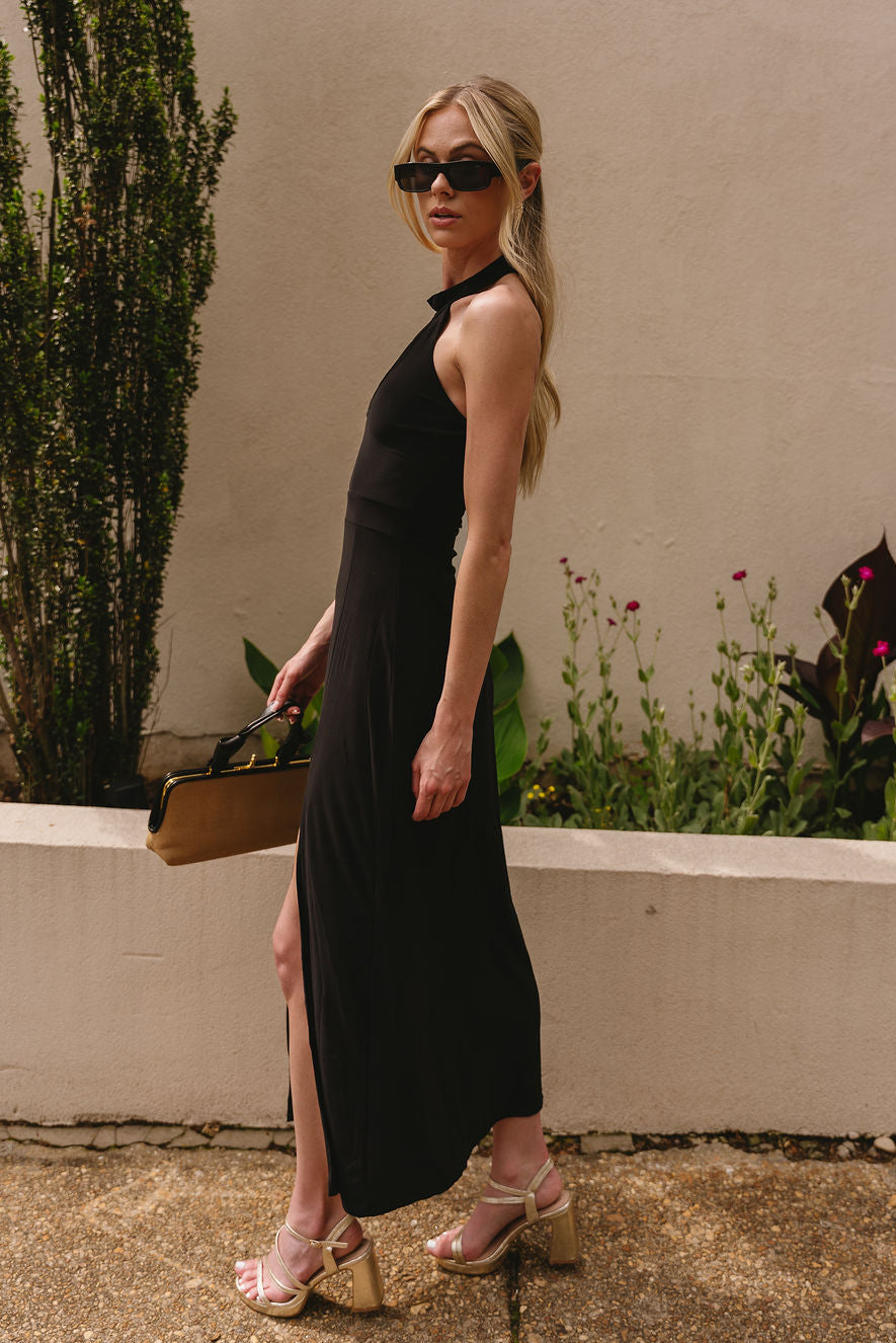 Athena Black Slit Maxi Dress- side view