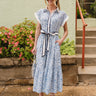 Ariana Blue & White Floral Tie Waist Midi Dress- full body view