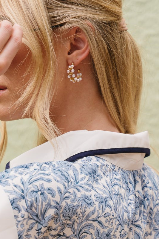 Megan Gold & Pearl Hoop Earrings - back/side view of earrings on model