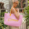Summer Pink & Orange Tote Bag - side view of model with bag on shoulder