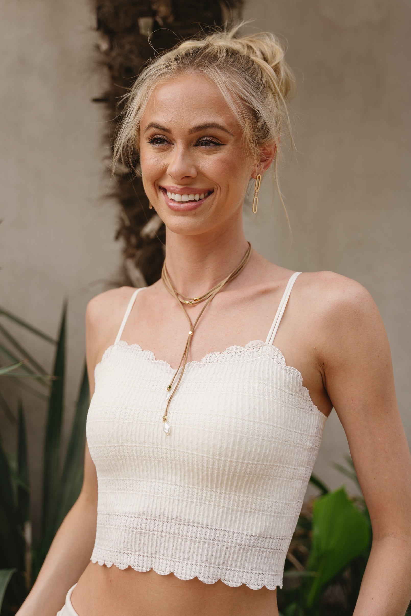Regan Layered Taupe Suede Lariat Necklace - front view on model