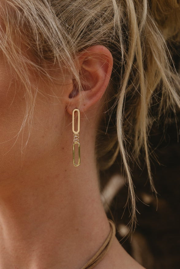 Marley Gold Dipped Chain Link & Stone Earrings - close up on model