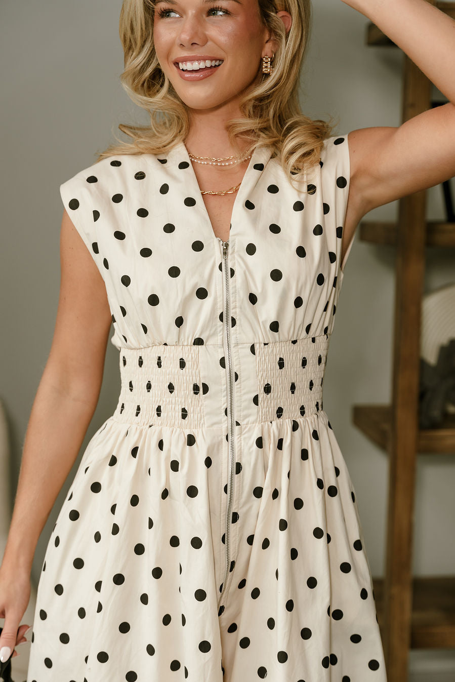 Casey Beige & Black Polka Dot Midi Dress - close front view