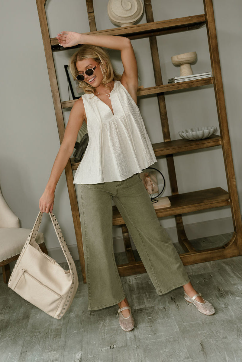 Jenna Olive Wide Leg Pants - full body front view