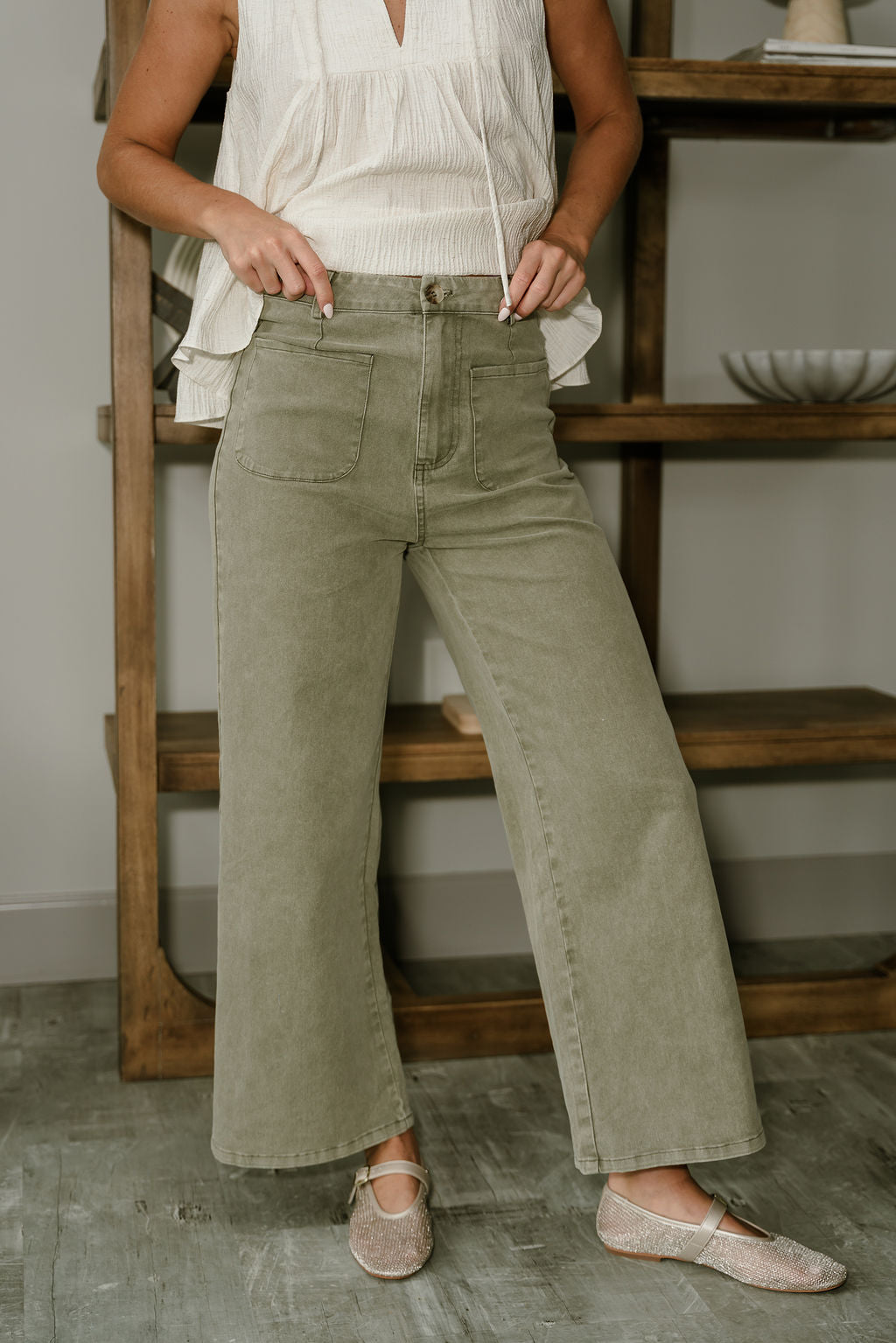 Jenna Olive Wide Leg Pants - lower body front view
