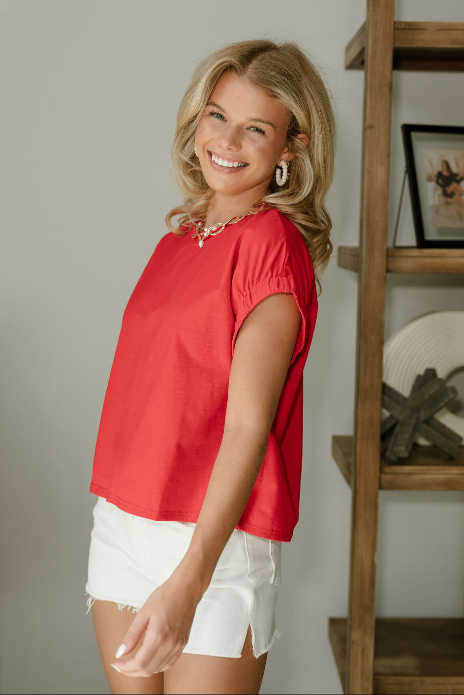 Mina Red Short Sleeve Top- frontal side view