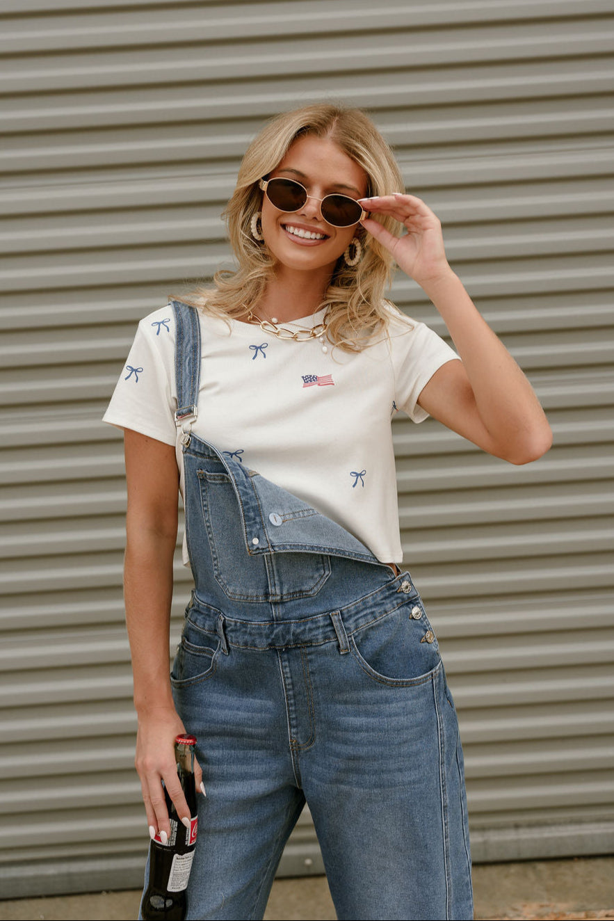Kassidy Barrel Leg Denim Overalls - upper body front view (one strap)