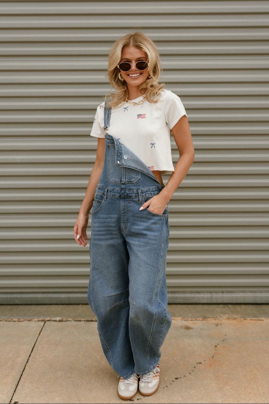 Kassidy Barrel Leg Denim Overalls - full front view