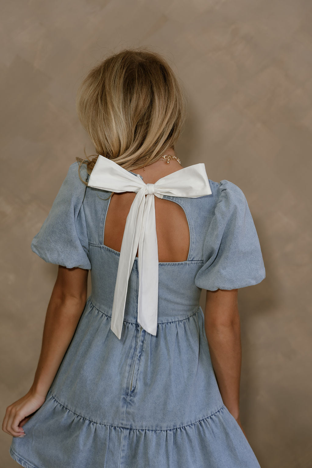 Willa Denim & White Bow Mini Dress- close up back view