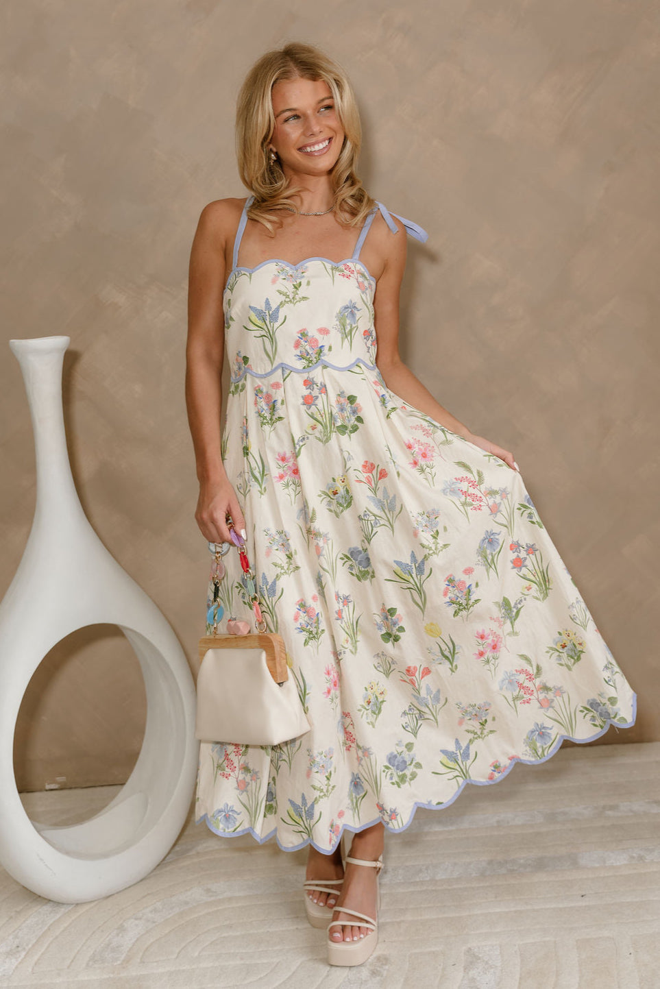 Daniella Cream Multi Floral Scallop Midi Dress- full body view