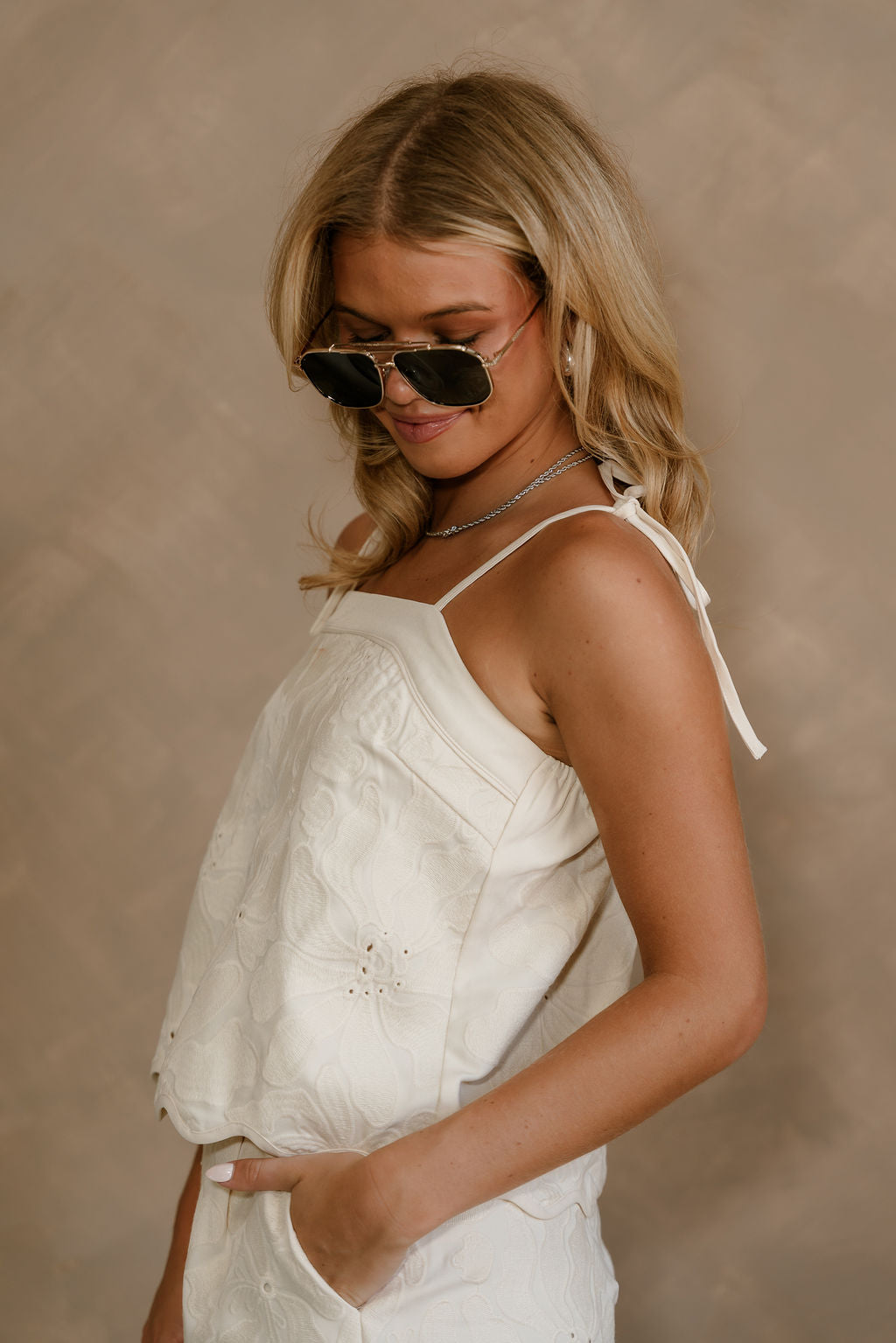 Sabrina Cream Floral Scallop Tank- top side view