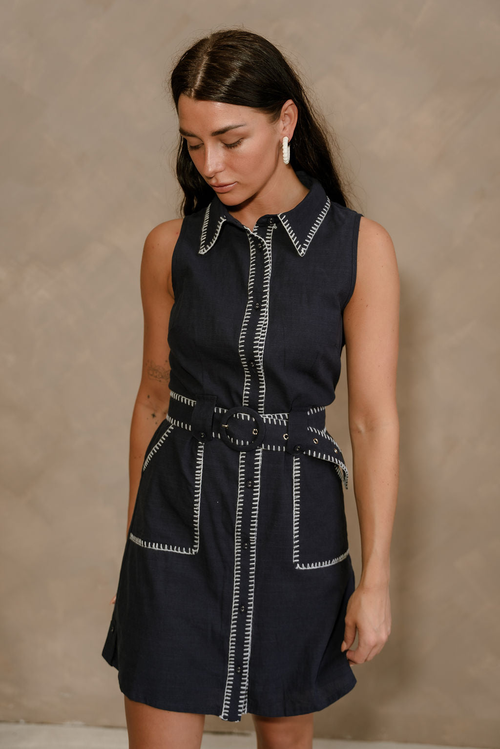 Raven Navy & White Belted Mini Dress- front view