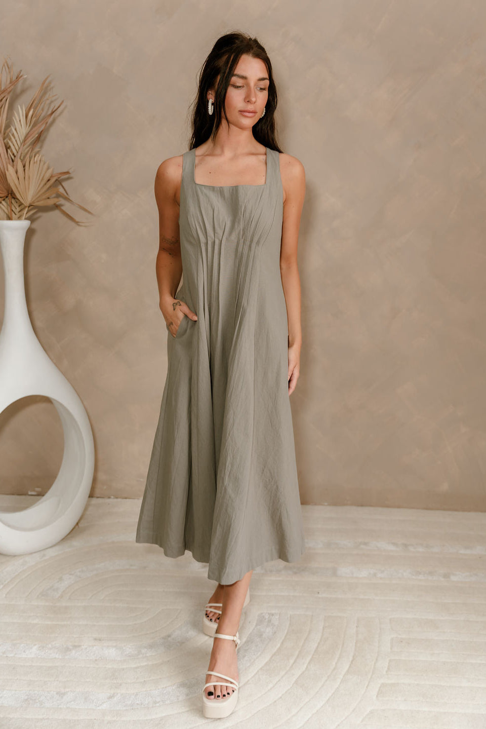 Madison Olive Pleated Midi Dress - full front view