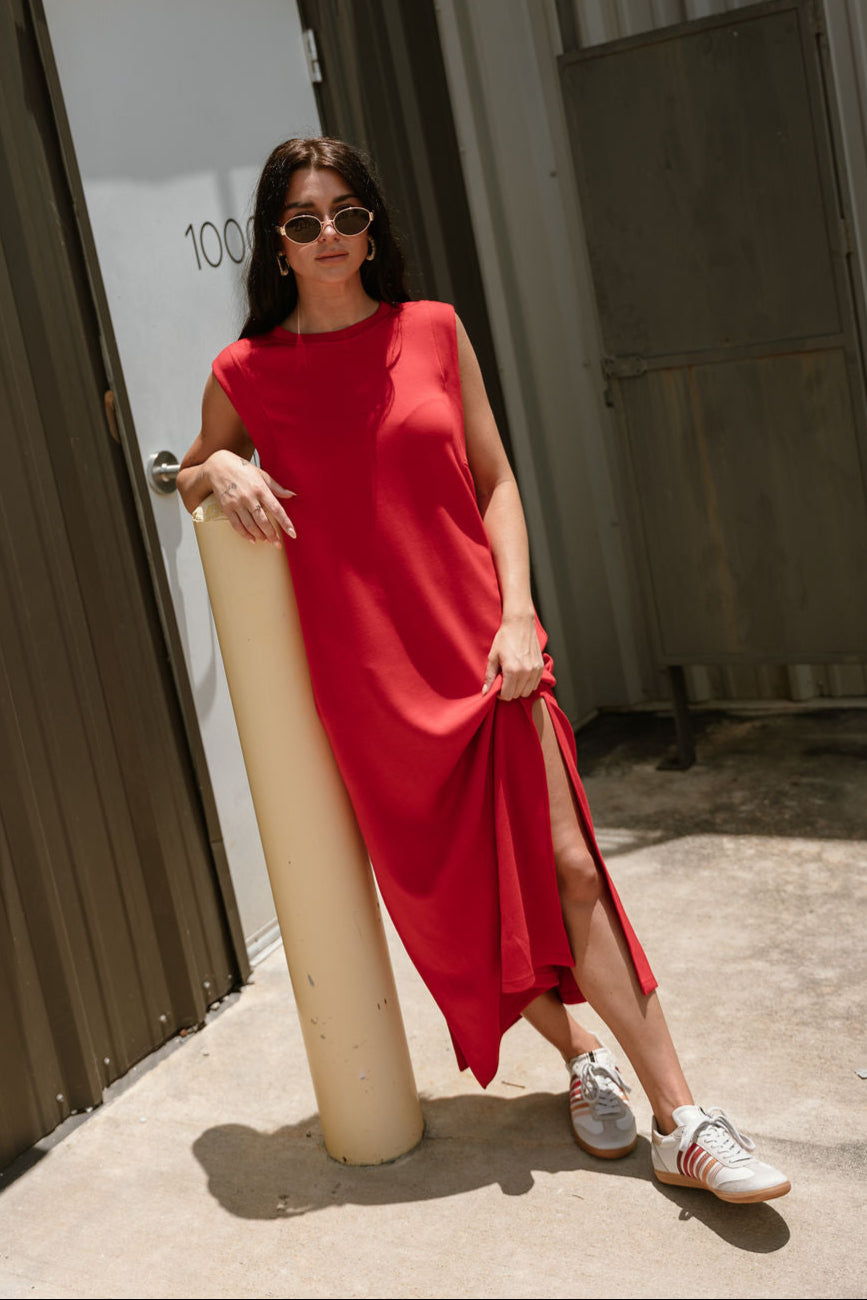 Bianca Red Knit Sleeveless Midi Dress - full body front view