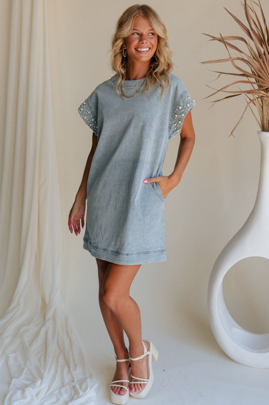 Raelyn Light Denim Pearl & Rhinestone Mini Dress