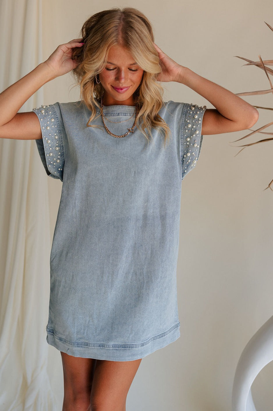 Raelyn Light Denim Pearl & Rhinestone Mini Dress - Lizard Thicket Raelyn Light Denim Pearl & Rhinestone Mini Dress - Lizard Thicket