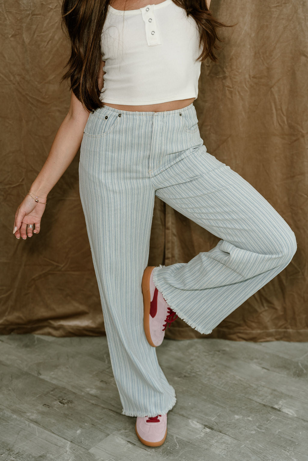 Billie Blue & White Striped Denim Pants - lower body front view