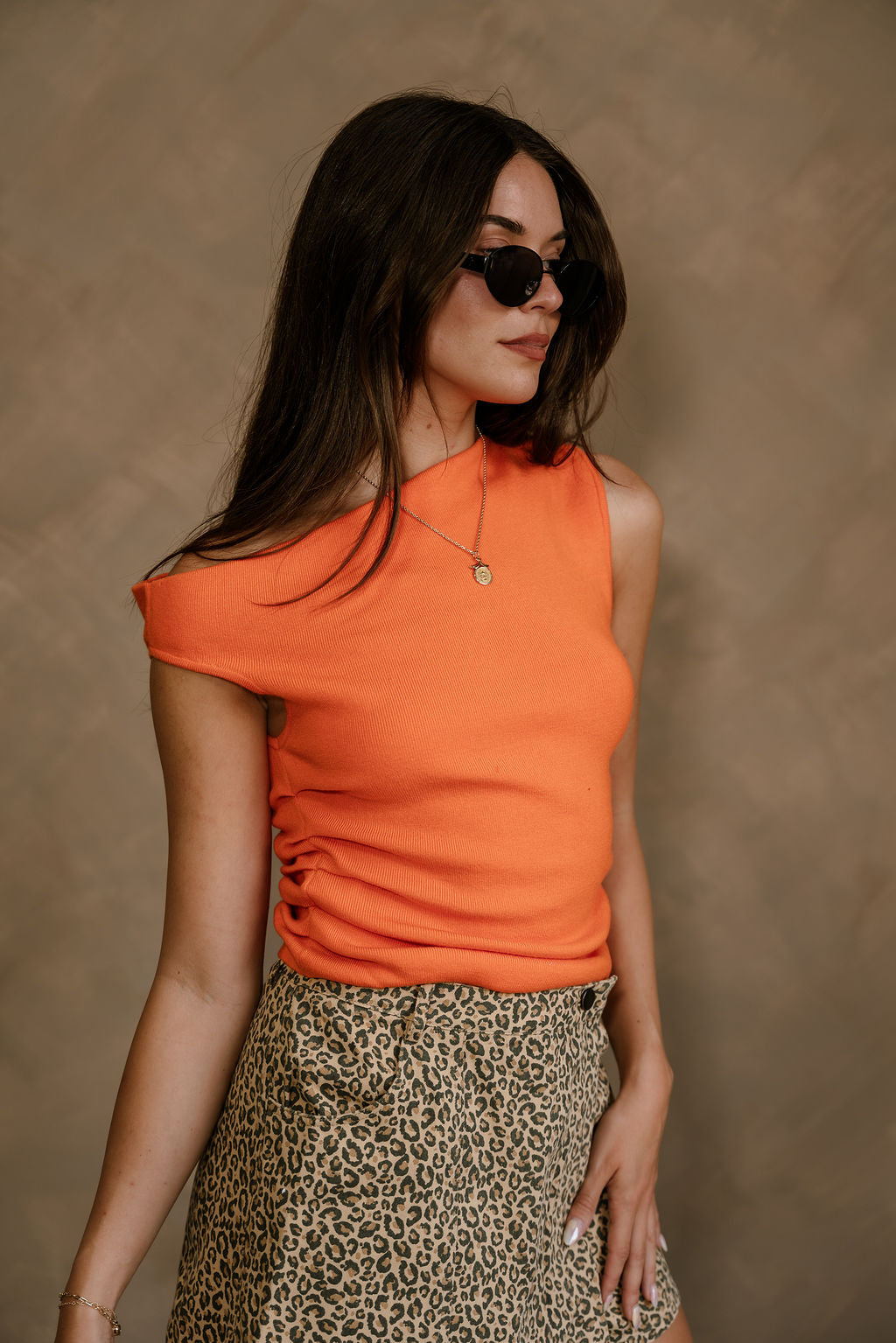 Daisy Orange Ruched Knit Tank Top - frontal side view