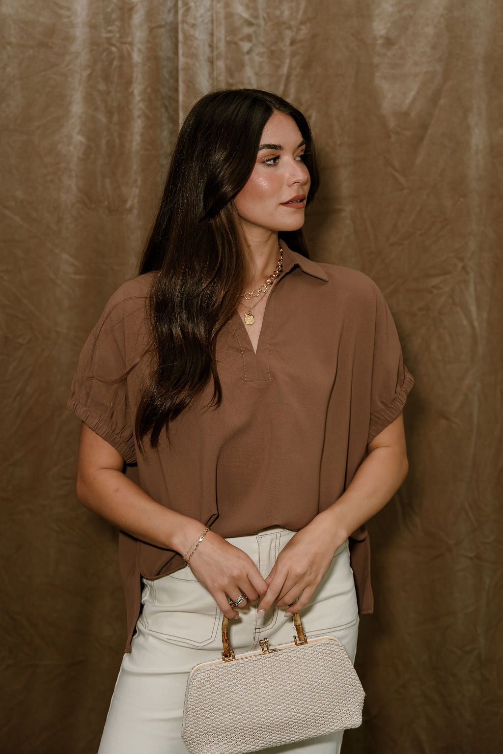 Misha Brown Short Sleeve Top - front view (tucked)