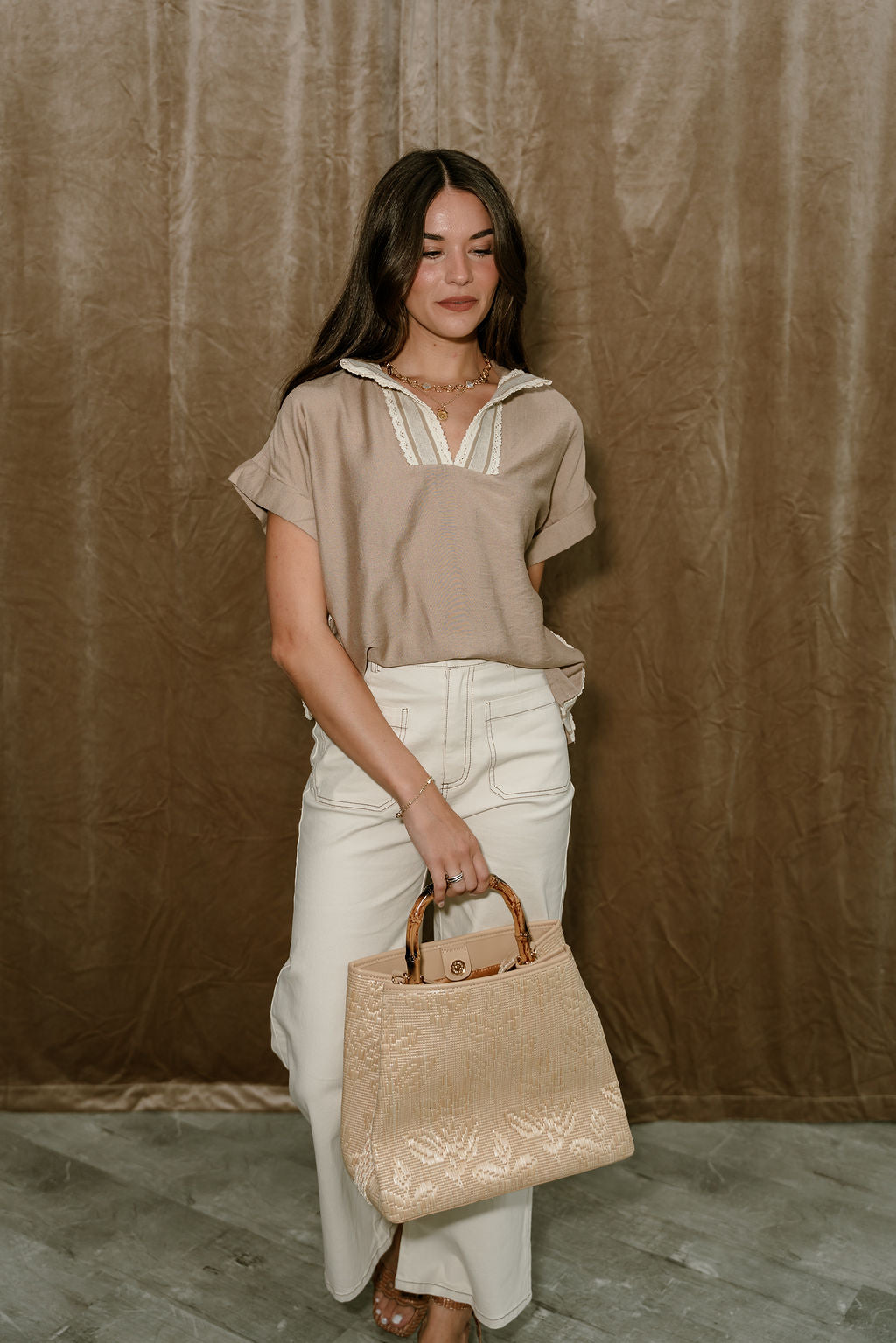 Noah Taupe & Lace Short Sleeve Top - full body front view