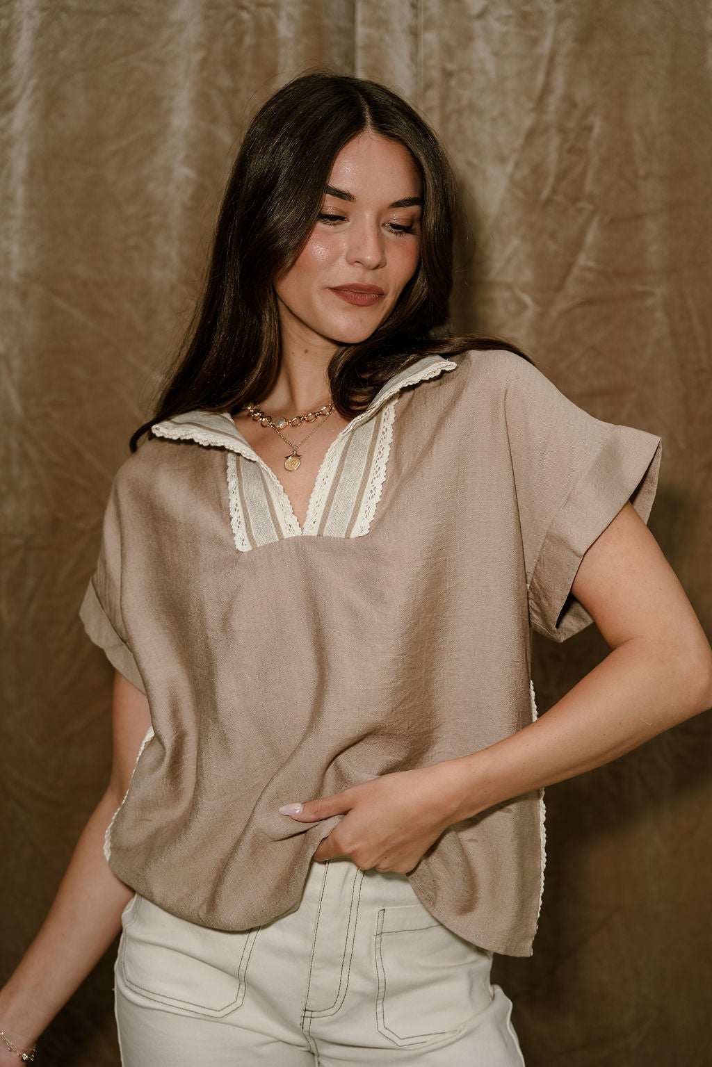 Noah Taupe & Lace Short Sleeve Top - close front view