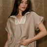 Noah Taupe & Lace Short Sleeve Top - close front view