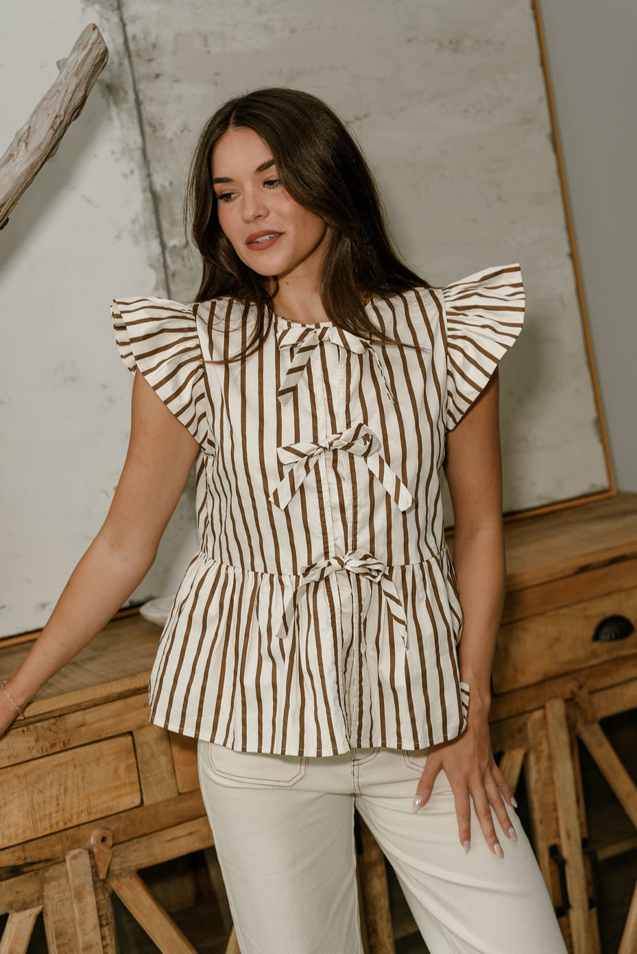 Laney Cream & Brown Striped Tie Front Top - front view