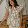 Laney Cream & Brown Striped Tie Front Top - front view