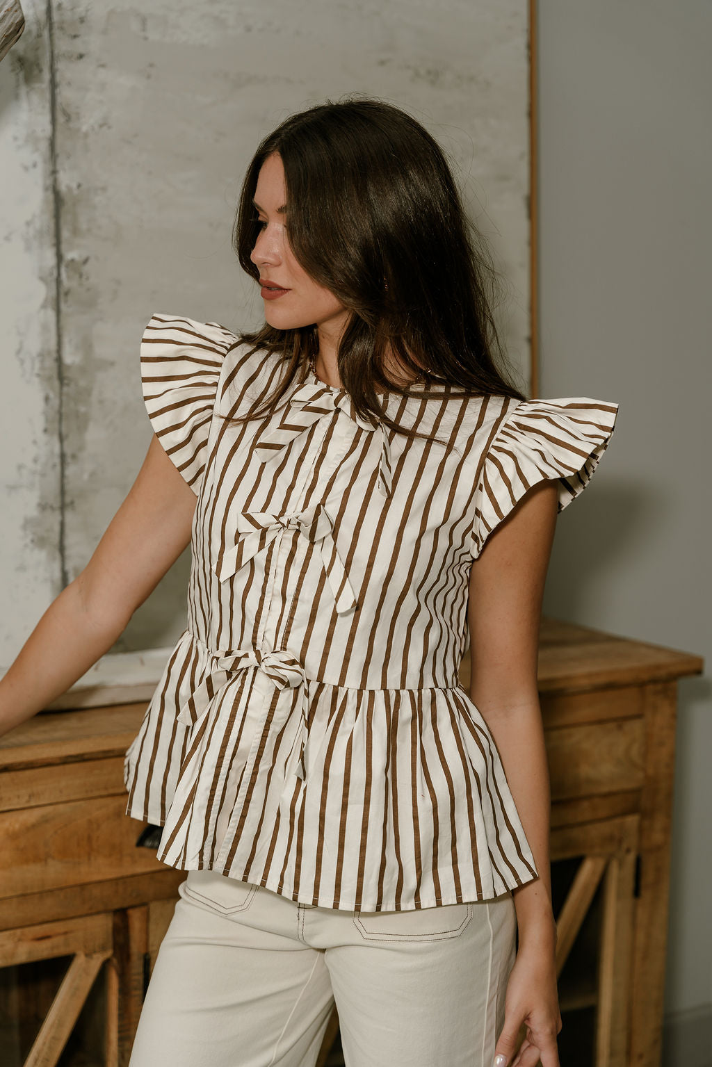 Laney Cream & Brown Striped Tie Front Top - frontal view