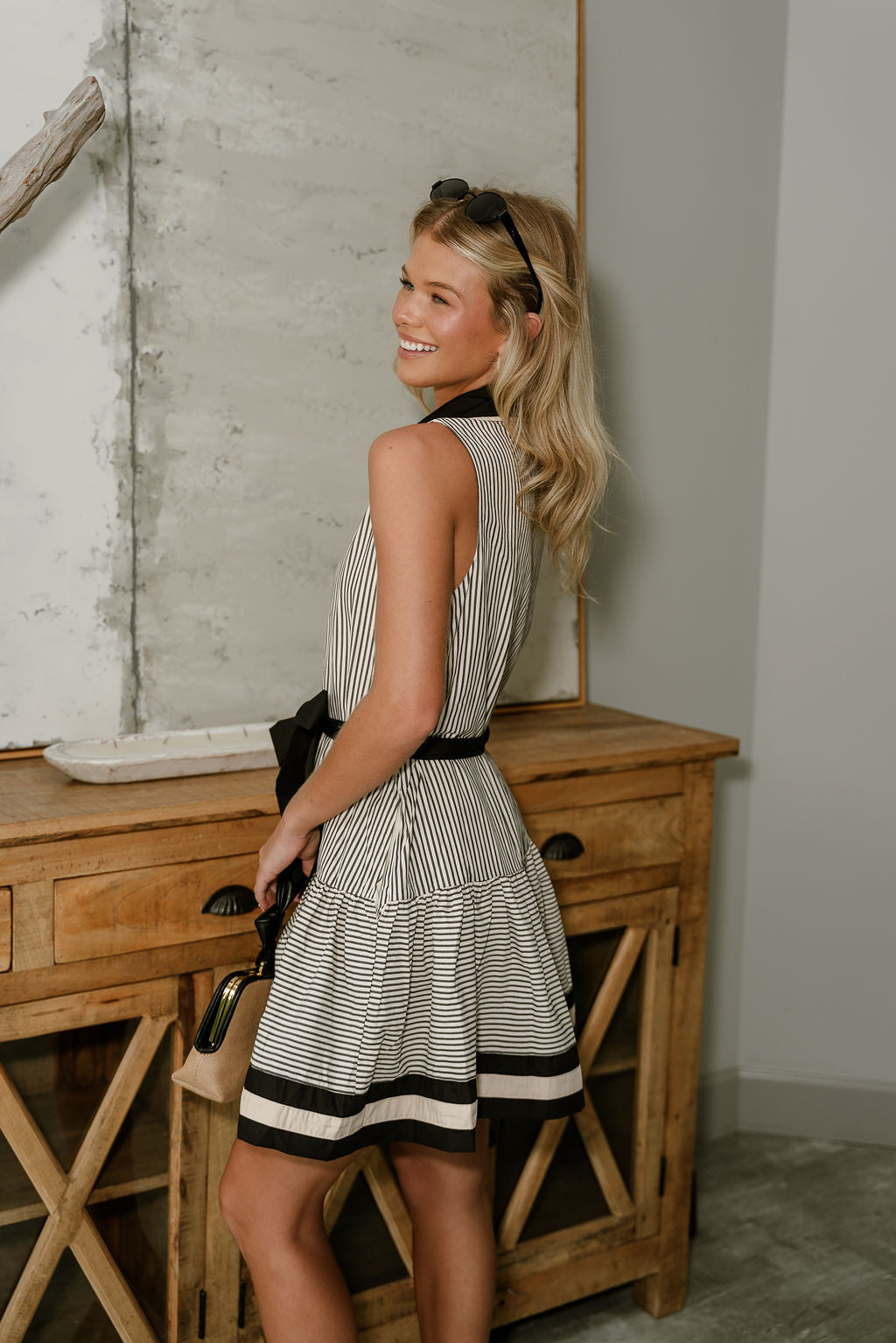 Adalynn Black & Cream Striped Mini Dress - side 