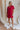 Full body view of model wearing Hailey Crimson Red Mini Dress. This is a washed crimson red dress with fray hem, collared neckline, short sleeves.