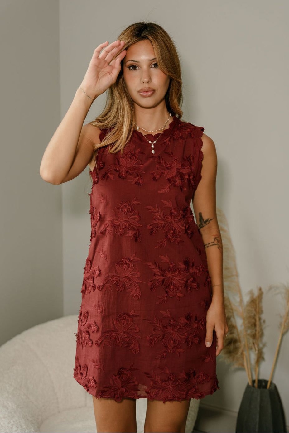 Jessa Burgundy 3D Floral Mini Dress- close up front view