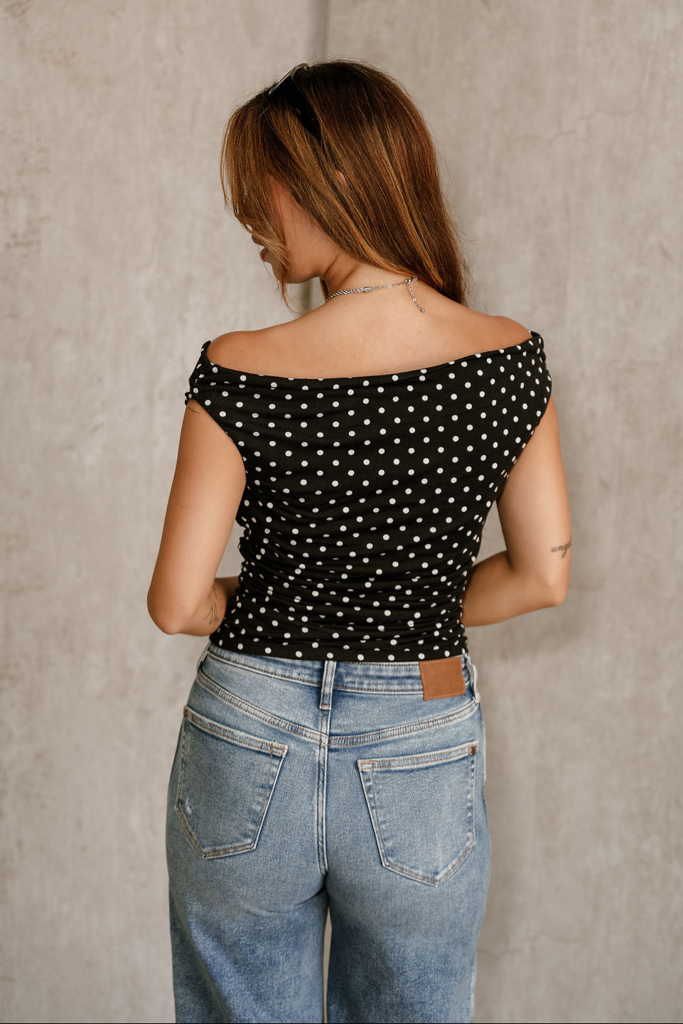 Lila Black & White Polka Dot Top- full back view