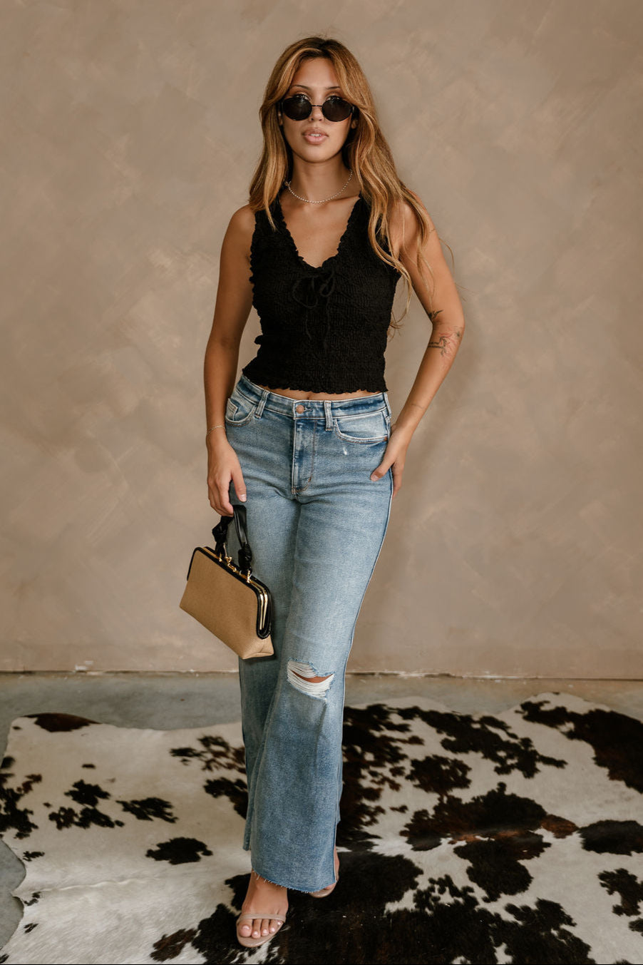 Blair Black Crinkle V-Neckline Tank- full body view
