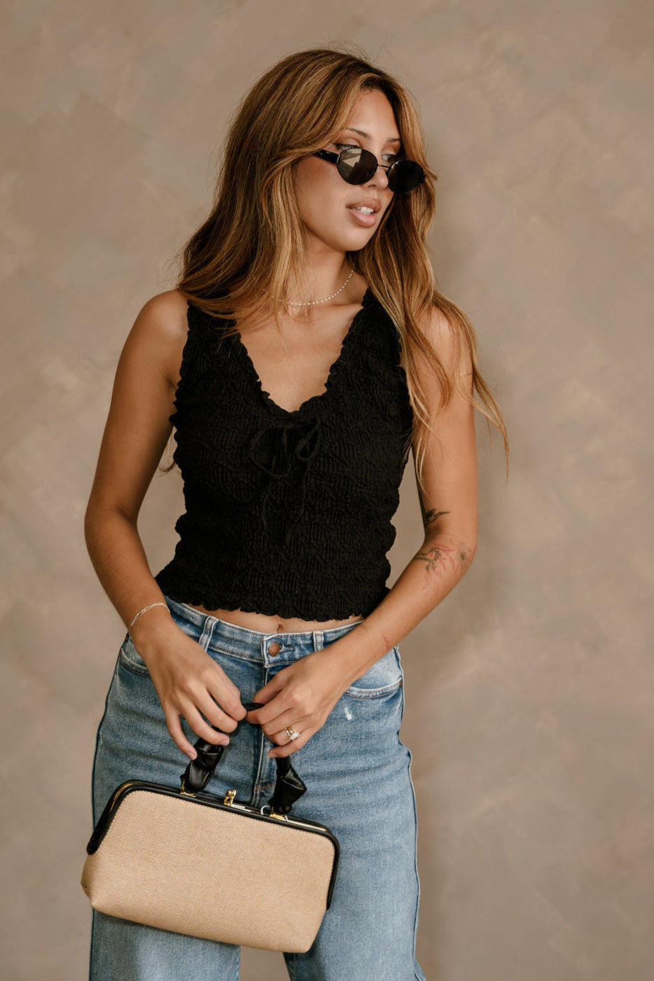 Blair Black Crinkle V-Neckline Tank- front view