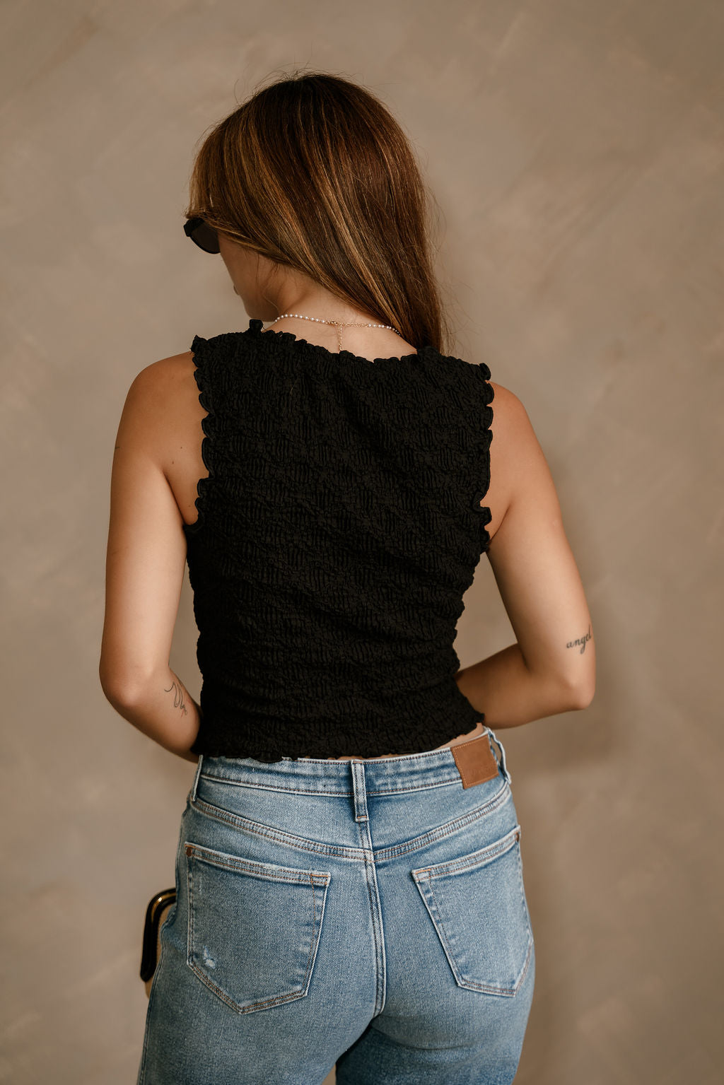 Blair Black Crinkle V-Neckline Tank- back view