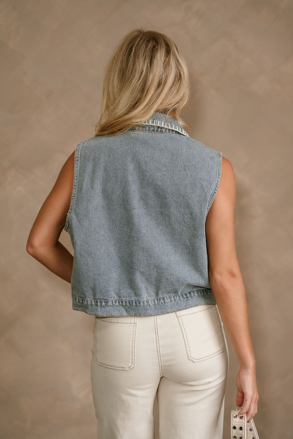 Daphne Washed Denim Button-Up Vest- back view