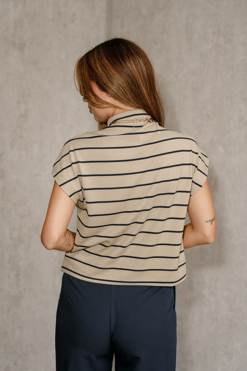 Amina Light Taupe & Navy Stripe Top - close up back view