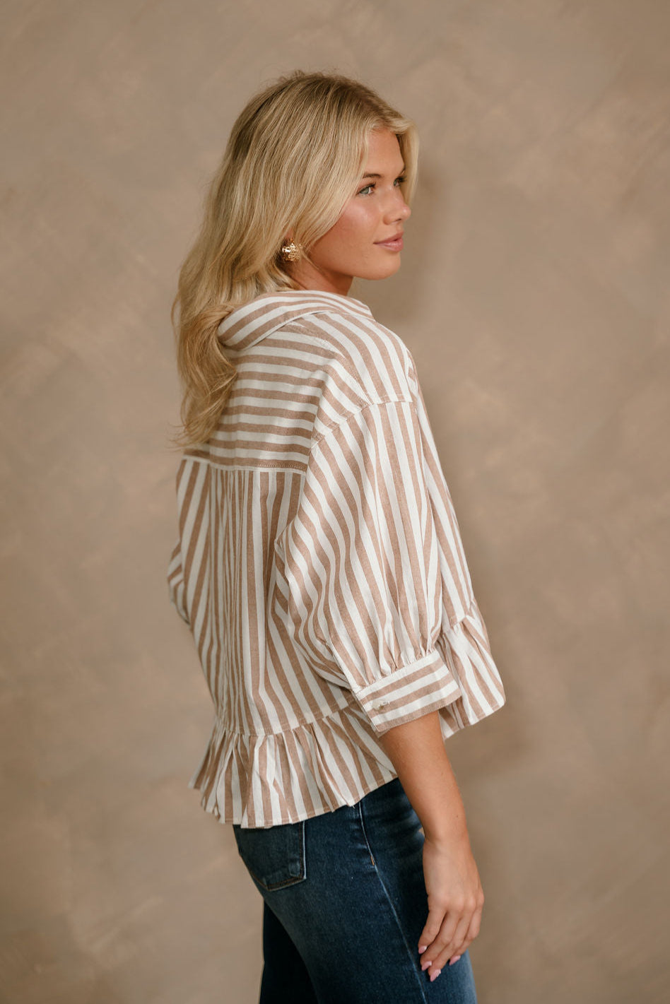 Carmen Brown & White Stripe Peplum Top- frontal side view