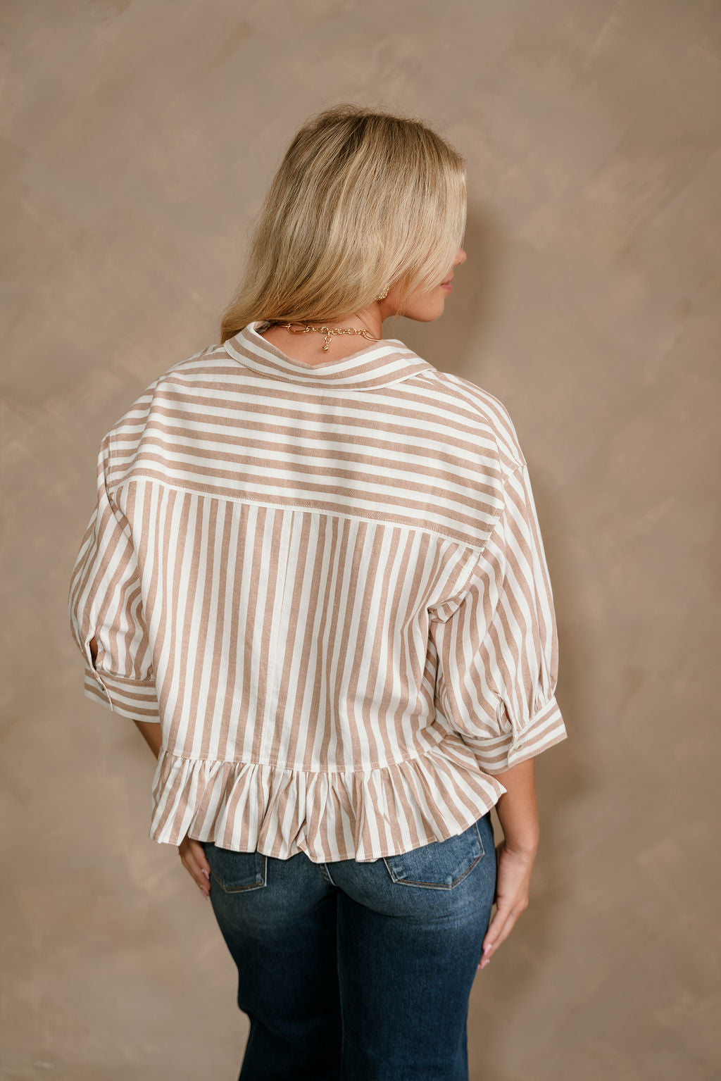 Carmen Brown & White Stripe Peplum Top- back view