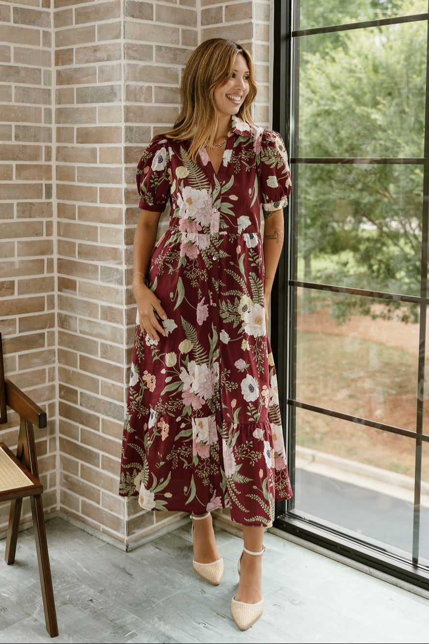 Madeline Burgundy Floral Midi Dress - full front view
