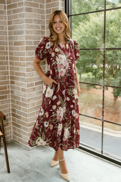 Burgundy Floral Midi Dress | Madeline Tiered Puff Sleeve Midi