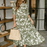 Irene Olive & White Palm Print Midi Dress - full front view