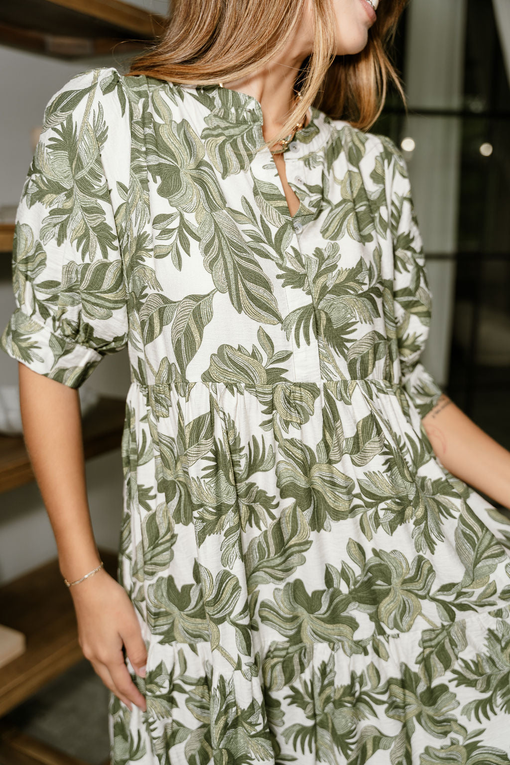 Irene Olive & White Palm Print Midi Dress - upper body front view